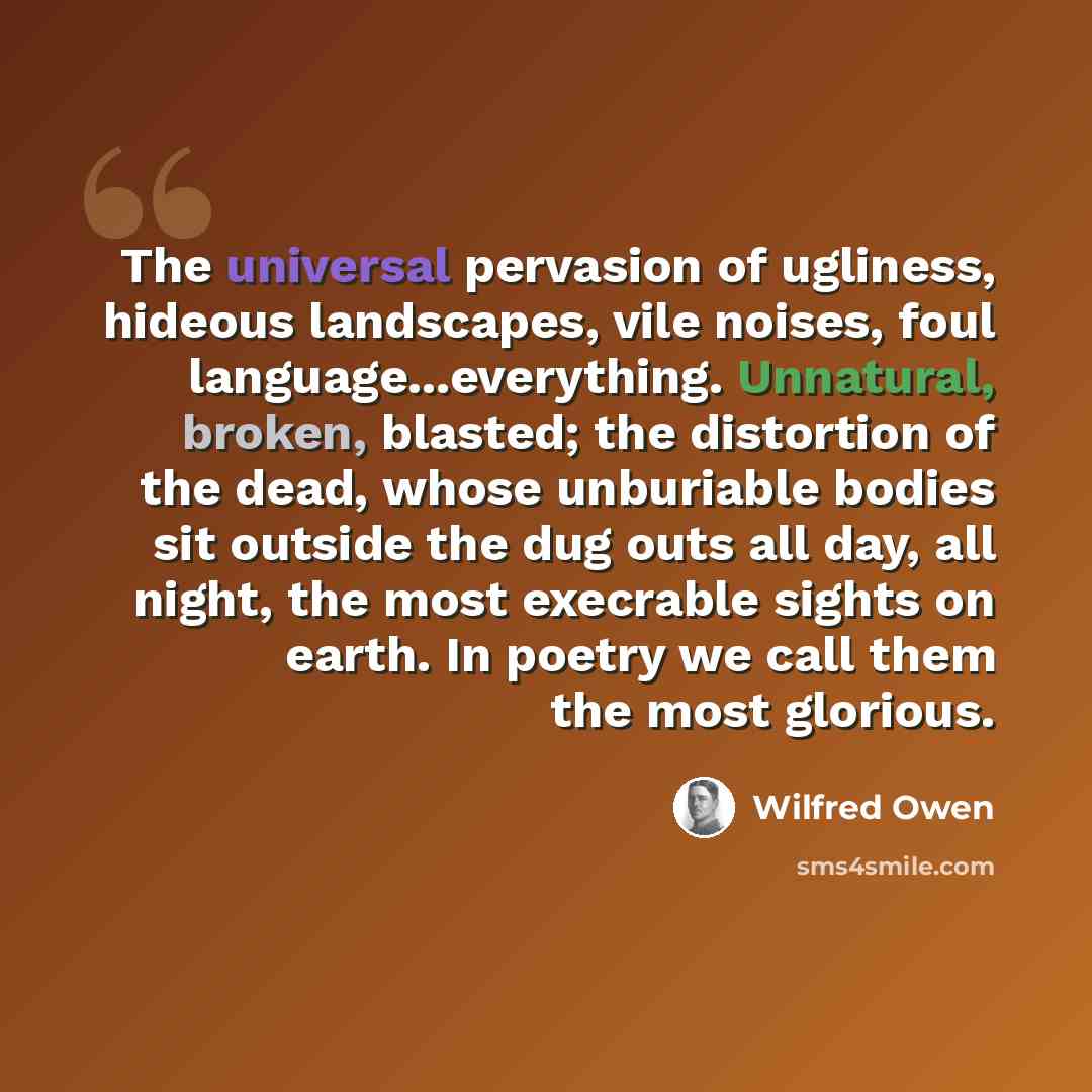 “The universal pervasion of ugliness, hideous landscapes, vile noises, foul language...everything. Unnatural, broken, blasted; the distortion of the dead, whose unburiable bodies sit outside the dug outs all day, all night, the most execrable sights on earth. In poetry we call them the most glorious.” quote by Wilfred Owen