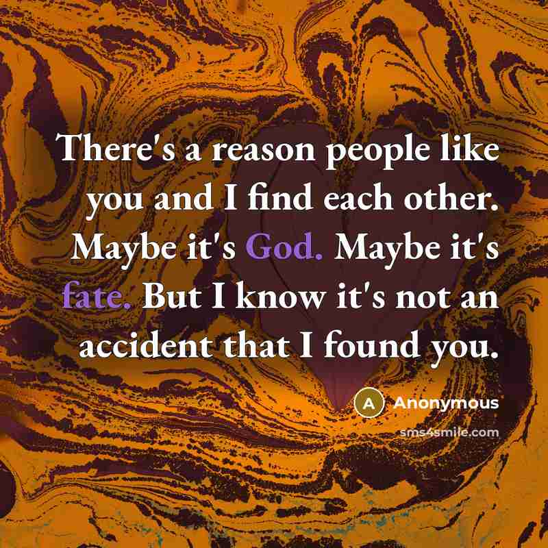 “There's a reason people like you and I find each other. Maybe it's God. Maybe it's fate. But I know it's not an accident that I found you.” quote by Anonymous