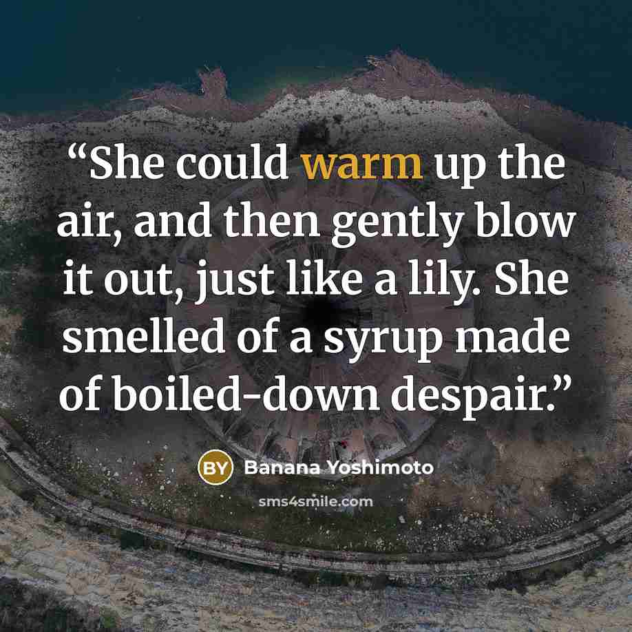 “She could warm up the air, and then gently blow it out, just like a lily. She smelled of a syrup made of boiled-down despair.” quote by Banana Yoshimoto