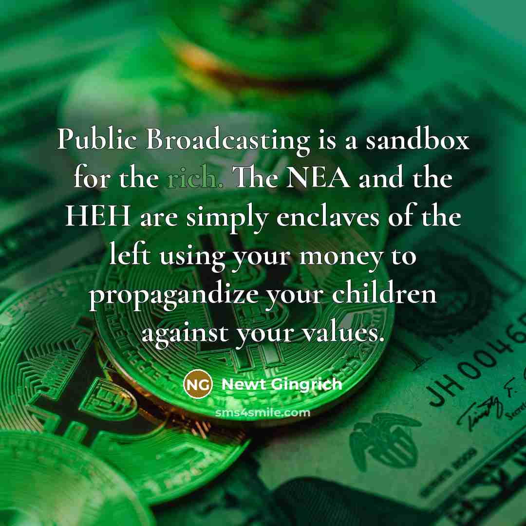 “Public Broadcasting is a sandbox for the rich. The NEA and the HEH are simply enclaves of the left using your money to propagandize your children against your values.” quote by Newt Gingrich
