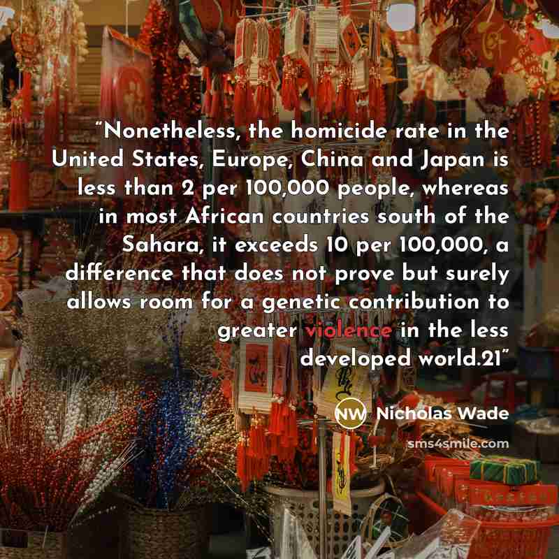 “Nonetheless, the homicide rate in the United States, Europe, China and Japan is less than 2 per 100,000 people, whereas in most African countries south of the Sahara, it exceeds 10 per 100,000, a difference that does not prove but surely allows room for a genetic contribution to greater violence…” quote by Nicholas Wade