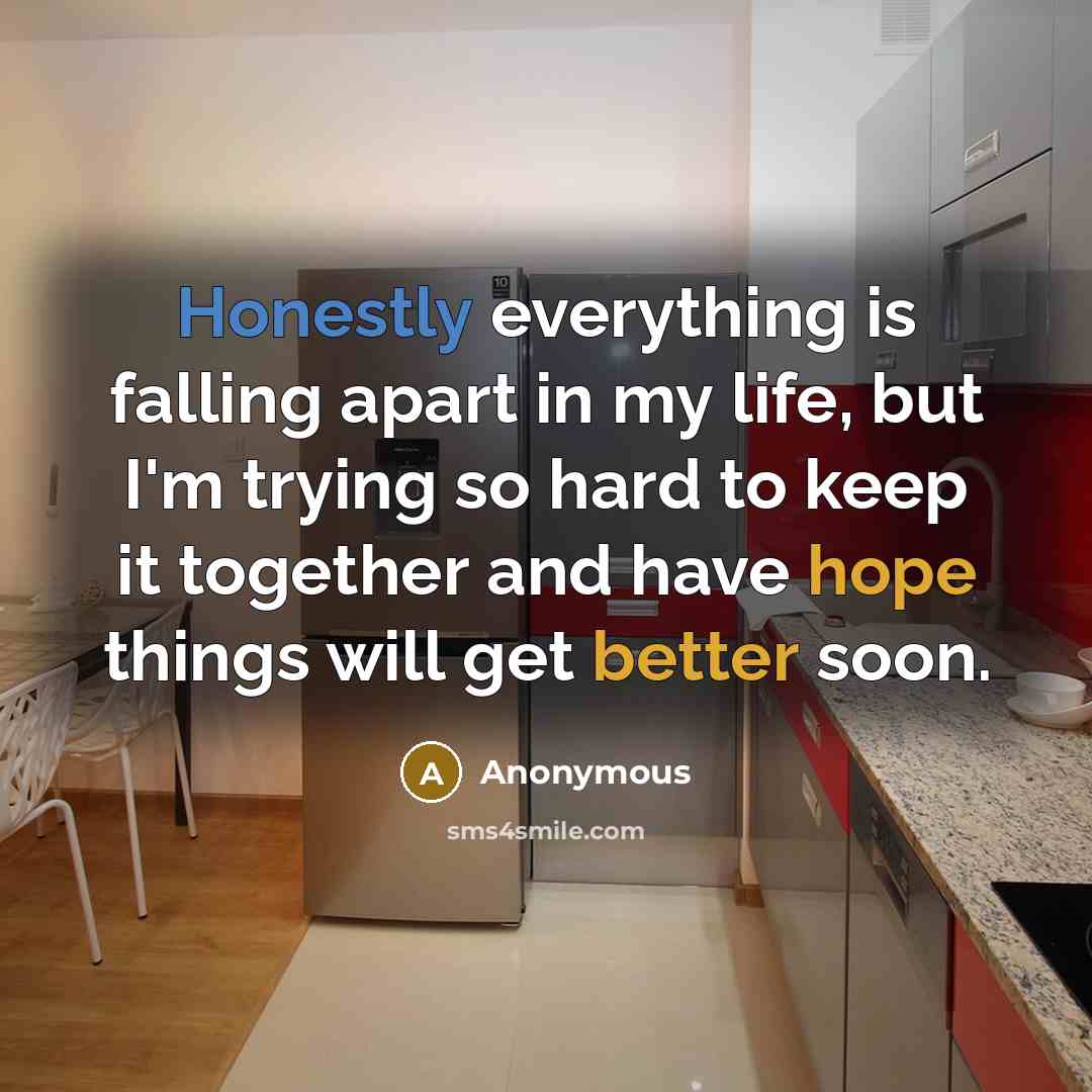 “Honestly everything is falling apart in my life, but I'm trying so hard to keep it together and have hope things will get better soon.” quote by Anonymous