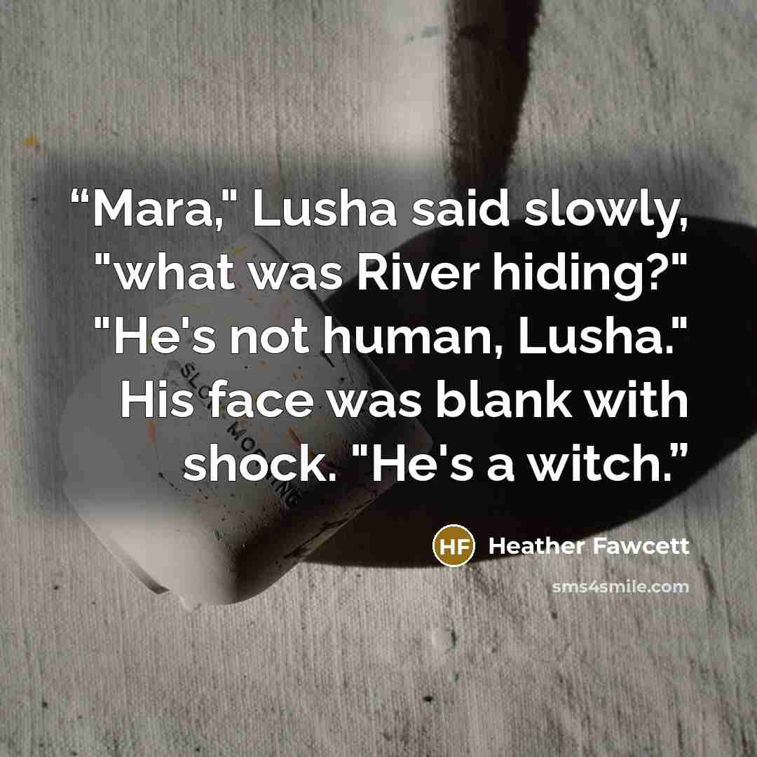 “Mara," Lusha said slowly, "what was River hiding?" "He's not human, Lusha." His face was blank with shock. "He's a witch.” quote by Heather Fawcett