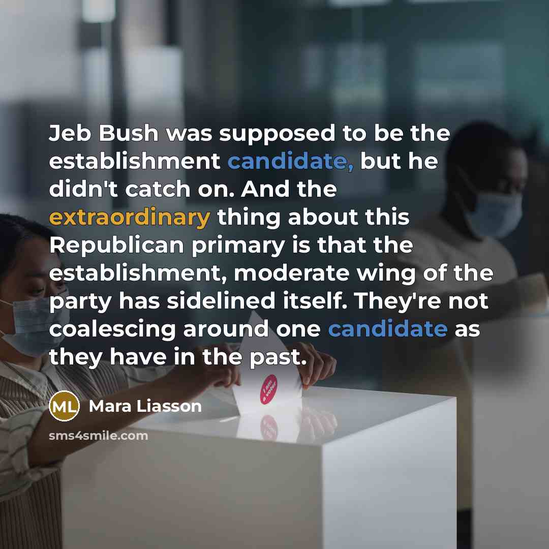 “Jeb Bush was supposed to be the establishment candidate, but he didn't catch on. And the extraordinary thing about this Republican primary is that the establishment, moderate wing of the party has sidelined itself. They're not coalescing around one candidate as they have in the past.” quote by Mara Liasson
