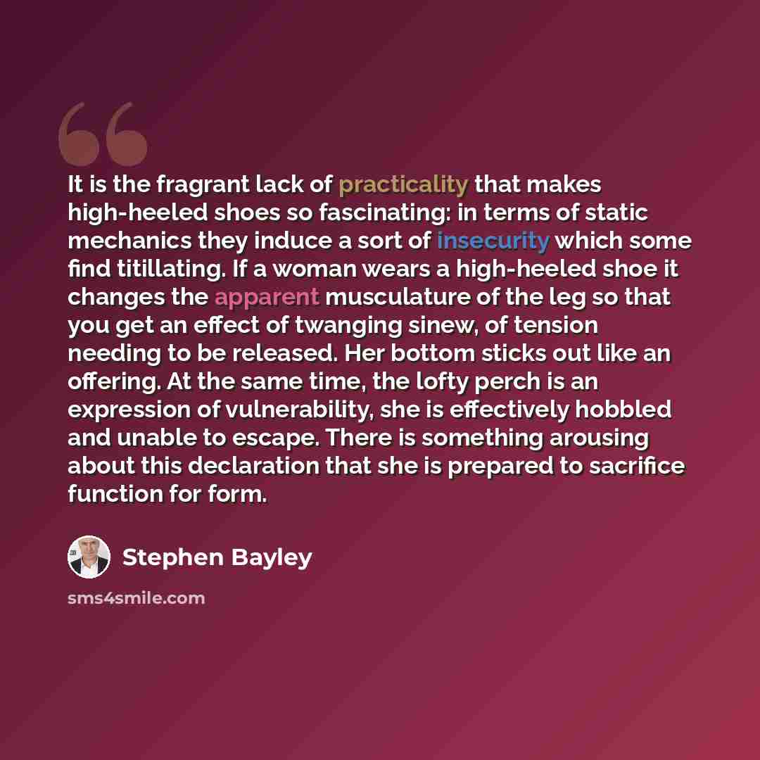 “It is the fragrant lack of practicality that makes high-heeled shoes so fascinating: in terms of static mechanics they induce a sort of insecurity which some find titillating. If a woman wears a high-heeled shoe it changes the apparent musculature of the leg so that you get an effect of twanging…” quote by Stephen Bayley