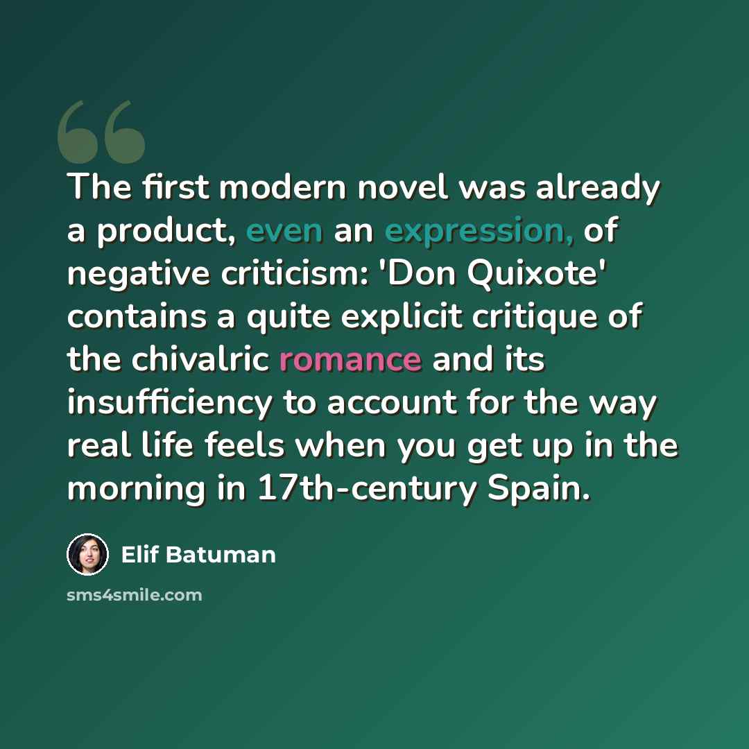 “The first modern novel was already a product, even an expression, of negative criticism: 'Don Quixote' contains a quite explicit critique of the chivalric romance and its insufficiency to account for the way real life feels when you get up in the morning in 17th-century Spain.” quote by Elif Batuman
