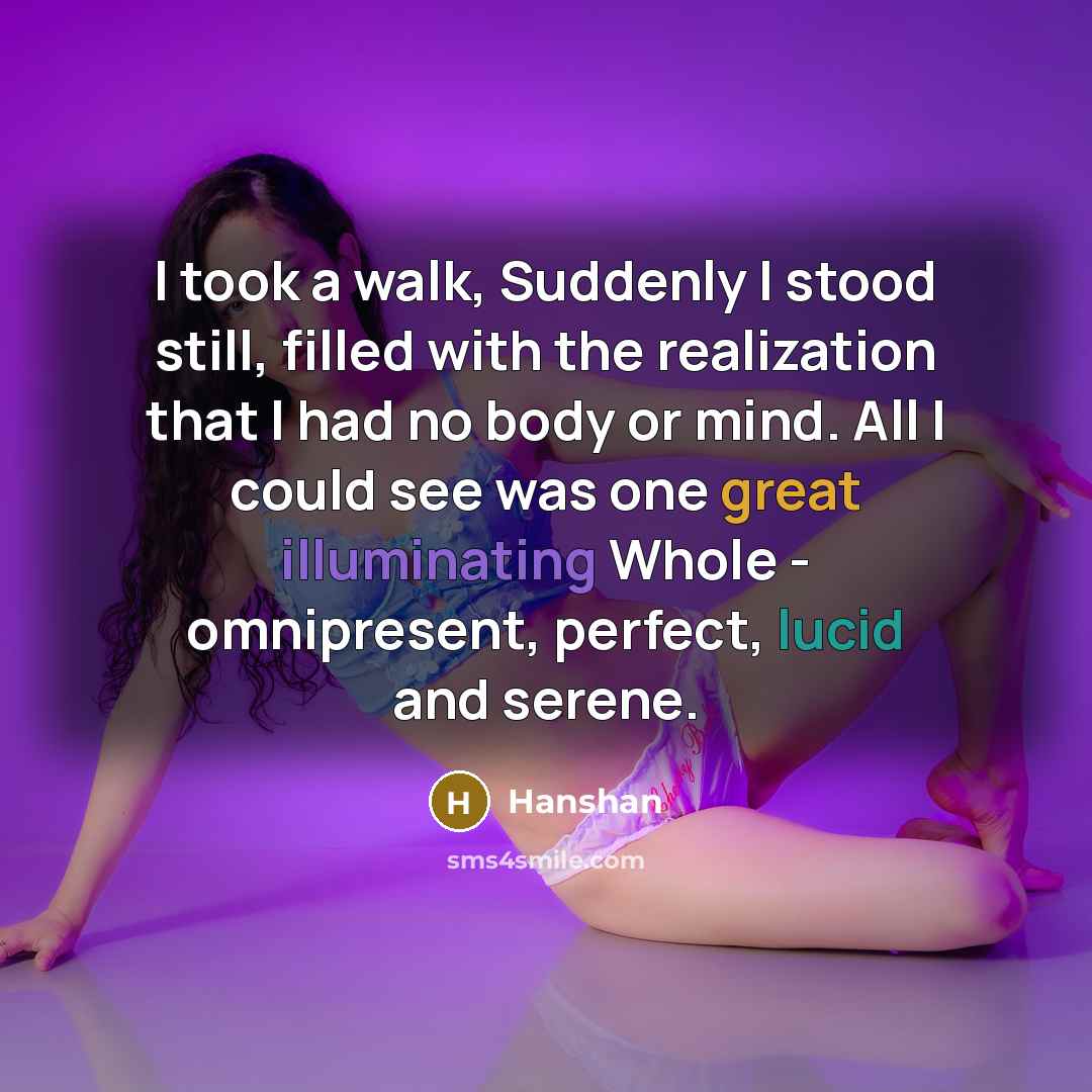 “I took a walk, Suddenly I stood still, filled with the realization that I had no body or mind. All I could see was one great illuminating Whole - omnipresent, perfect, lucid and serene.” quote by Hanshan