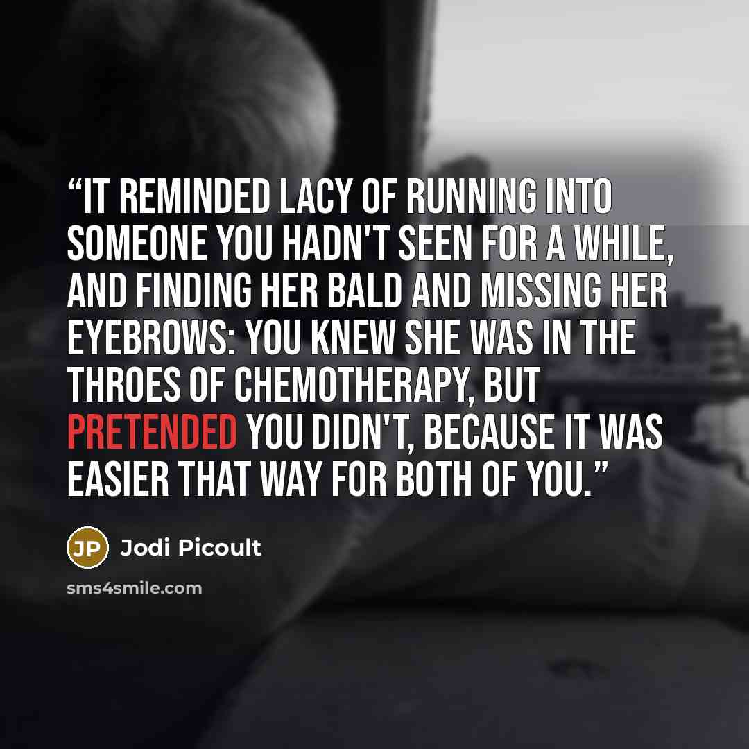 “It reminded Lacy of running into someone you hadn't seen for a while, and finding her bald and missing her eyebrows: you knew she was in the throes of chemotherapy, but pretended you didn't, because it was easier that way for both of you.” quote by Jodi Picoult