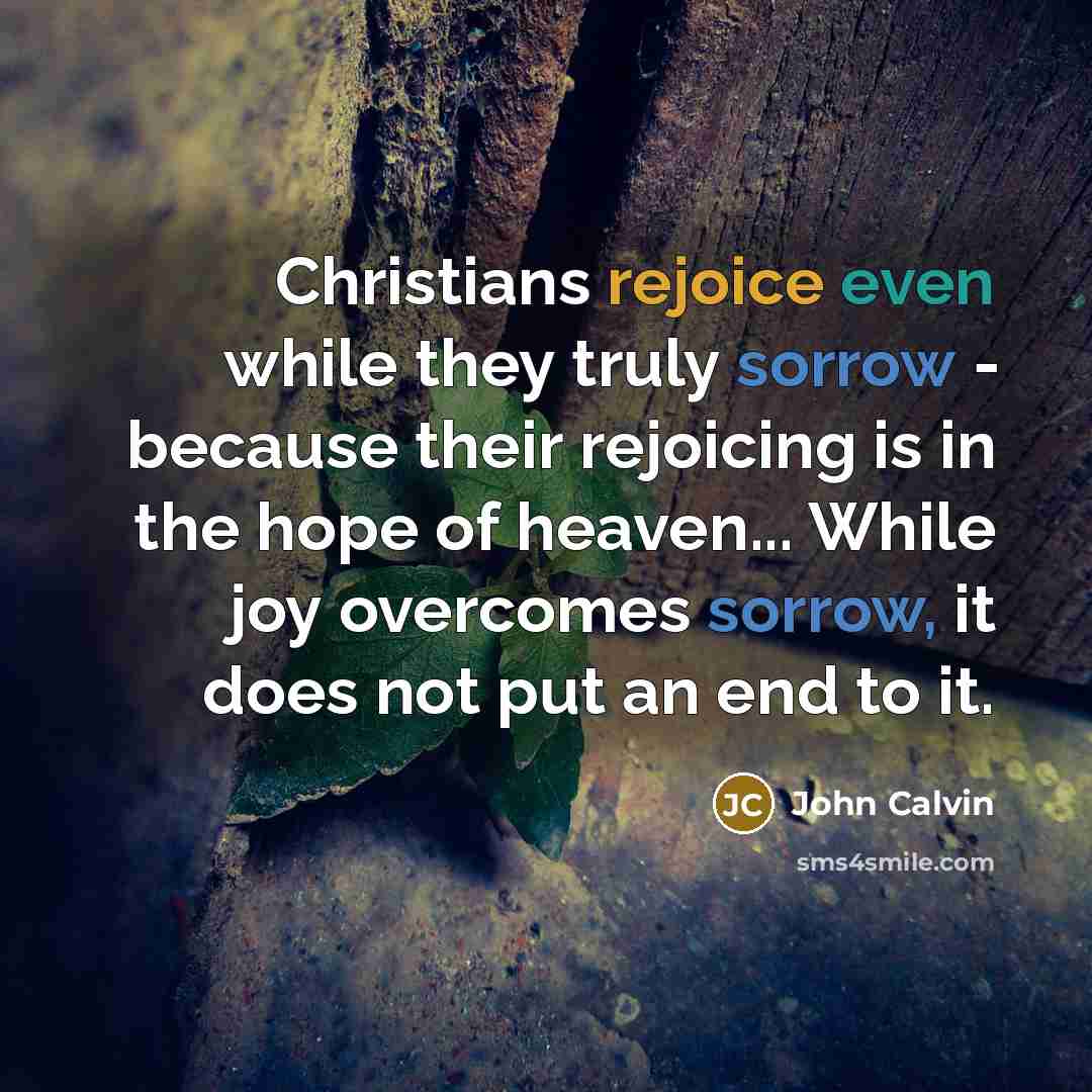 “Christians rejoice even while they truly sorrow - because their rejoicing is in the hope of heaven... While joy overcomes sorrow, it does not put an end to it.” quote by John Calvin