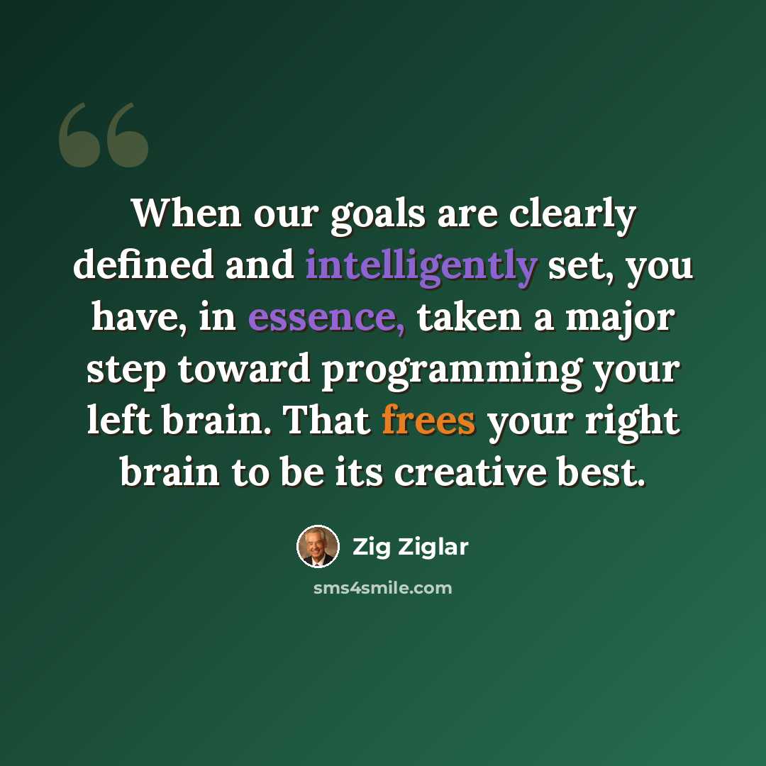 “When our goals are clearly defined and intelligently set, you have, in essence, taken a major step toward programming your left brain. That frees your right brain to be its creative best.” quote by Zig Ziglar