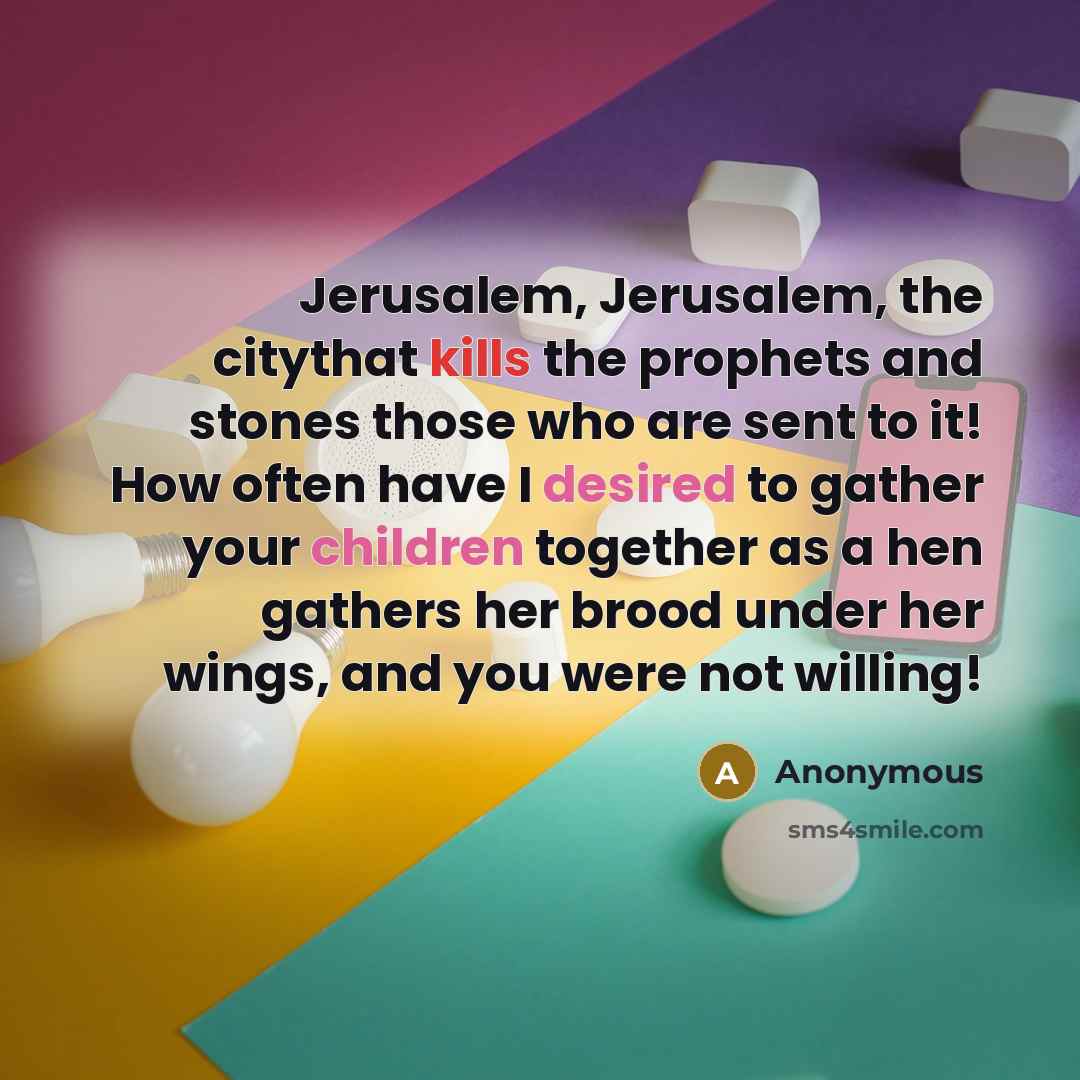 “Jerusalem, Jerusalem, the citythat kills the prophets and stones those who are sent to it! How often have I desired to gather your children together as a hen gathers her brood under her wings, and you were not willing!” quote by Anonymous