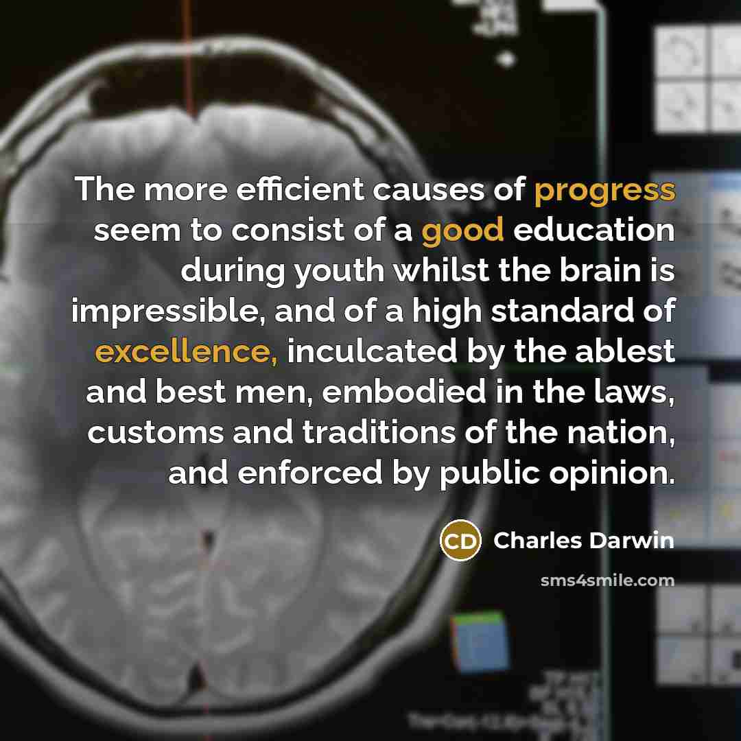 “The more efficient causes of progress seem to consist of a good education during youth whilst the brain is impressible, and of a high standard of excellence, inculcated by the ablest and best men, embodied in the laws, customs and traditions of the nation, and enforced by public opinion.” quote by Charles Darwin