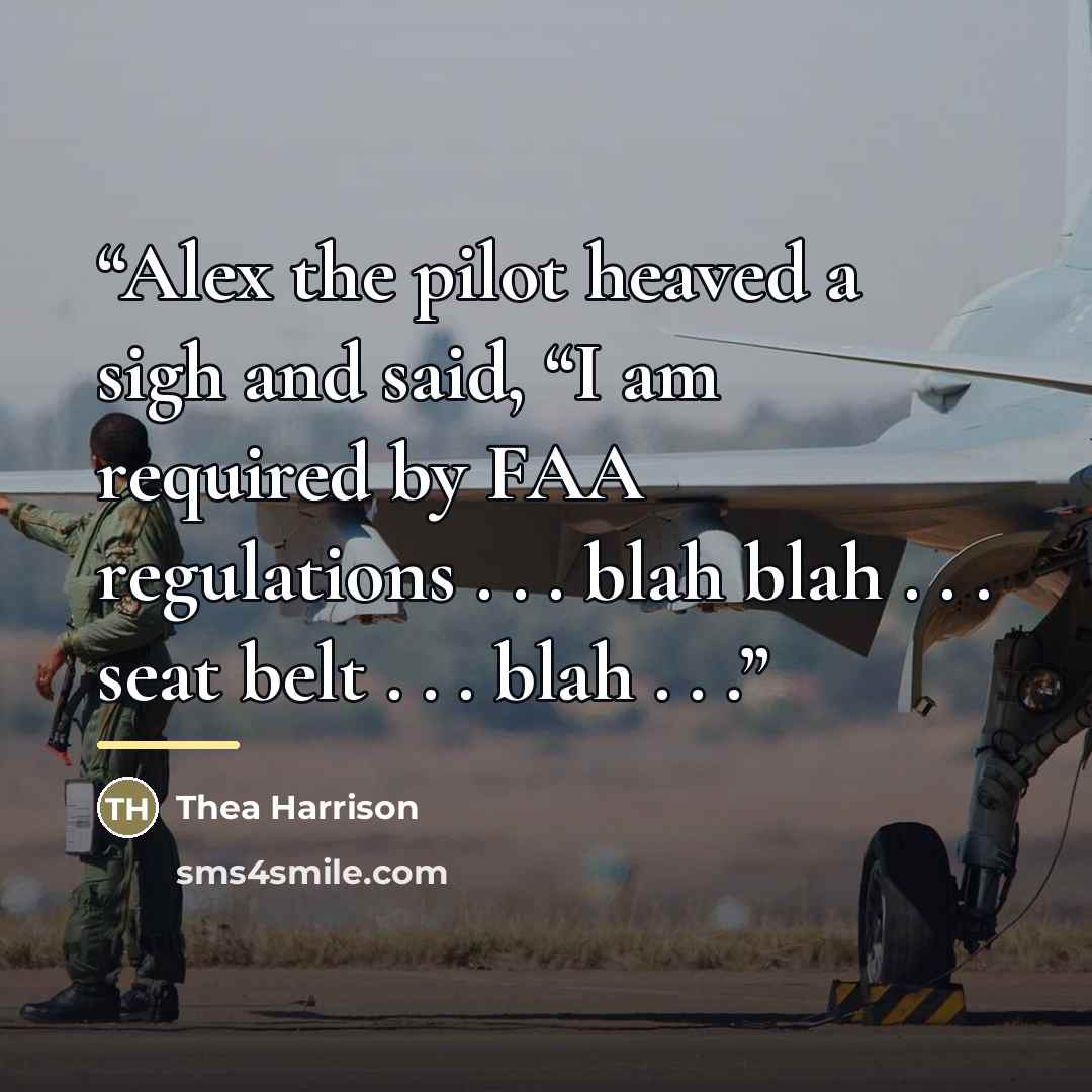 “Alex the pilot heaved a sigh and said, “I am required by FAA regulations . . . blah blah . . . seat belt . . . blah . . .” quote by Thea Harrison
