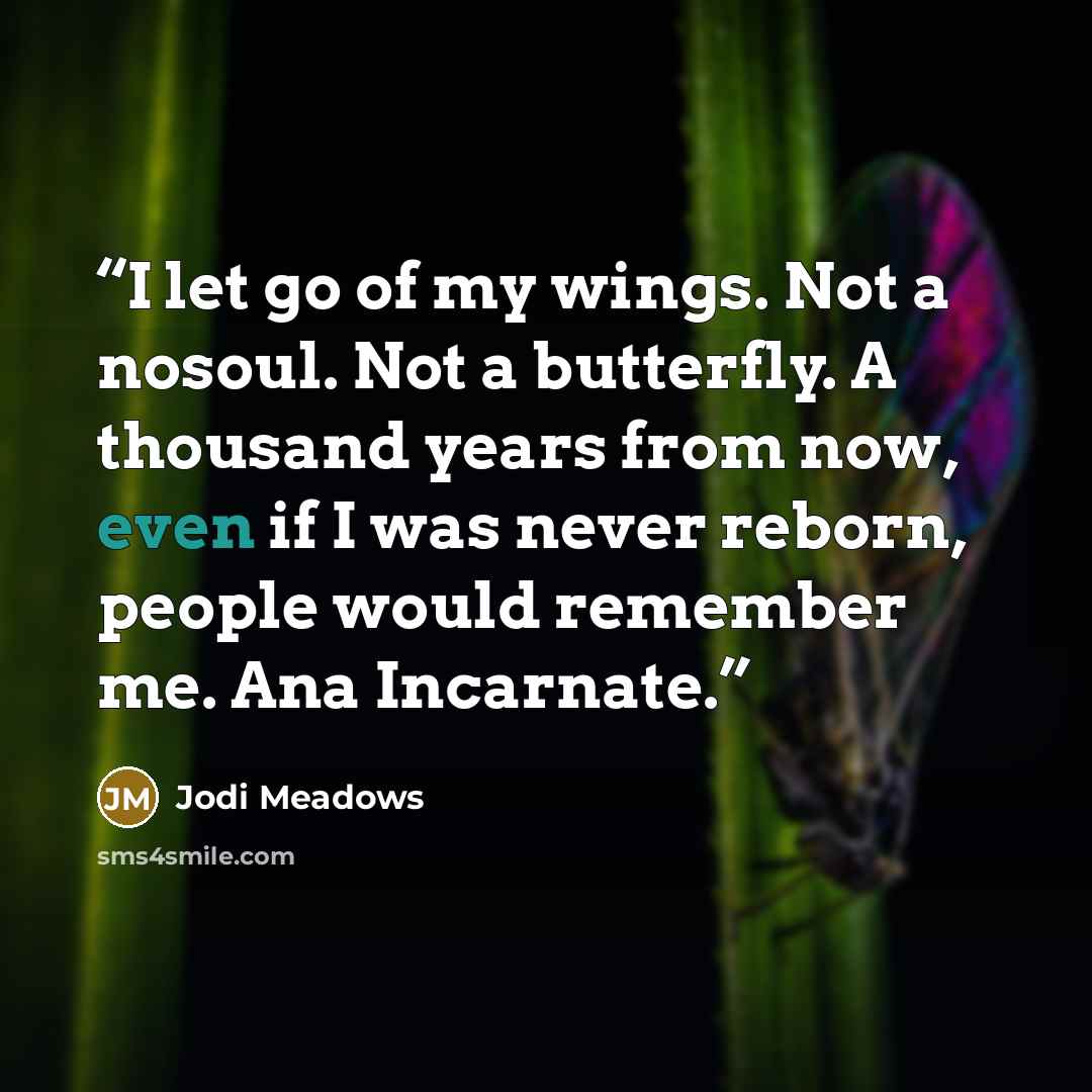 “I let go of my wings. Not a nosoul. Not a butterfly. A thousand years from now, even if I was never reborn, people would remember me. Ana Incarnate.” quote by Jodi Meadows