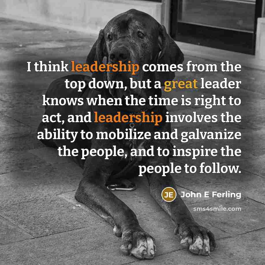 “I think leadership comes from the top down, but a great leader knows when the time is right to act, and leadership involves the ability to mobilize and galvanize the people, and to inspire the people to follow.” quote by John E Ferling