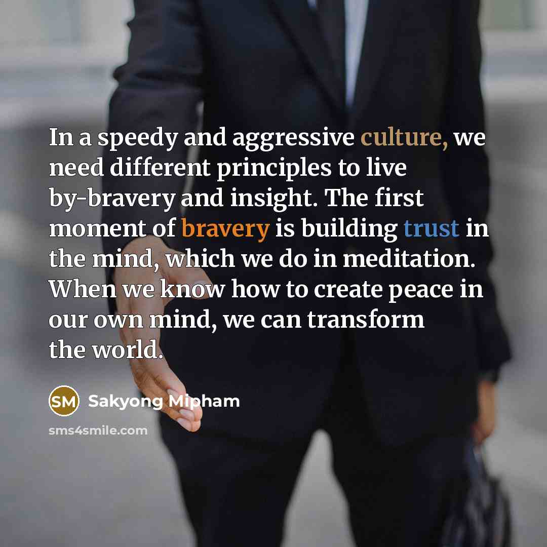 “In a speedy and aggressive culture, we need different principles to live by-bravery and insight. The first moment of bravery is building trust in the mind, which we do in meditation. When we know how to create peace in our own mind, we can transform the world.” quote by Sakyong Mipham