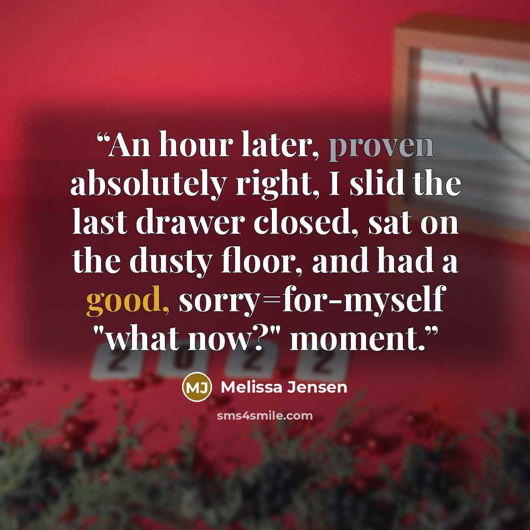“An hour later, proven absolutely right, I slid the last drawer closed, sat on the dusty floor, and had a good, sorry=for-myself "what now?" moment.” quote by Melissa Jensen