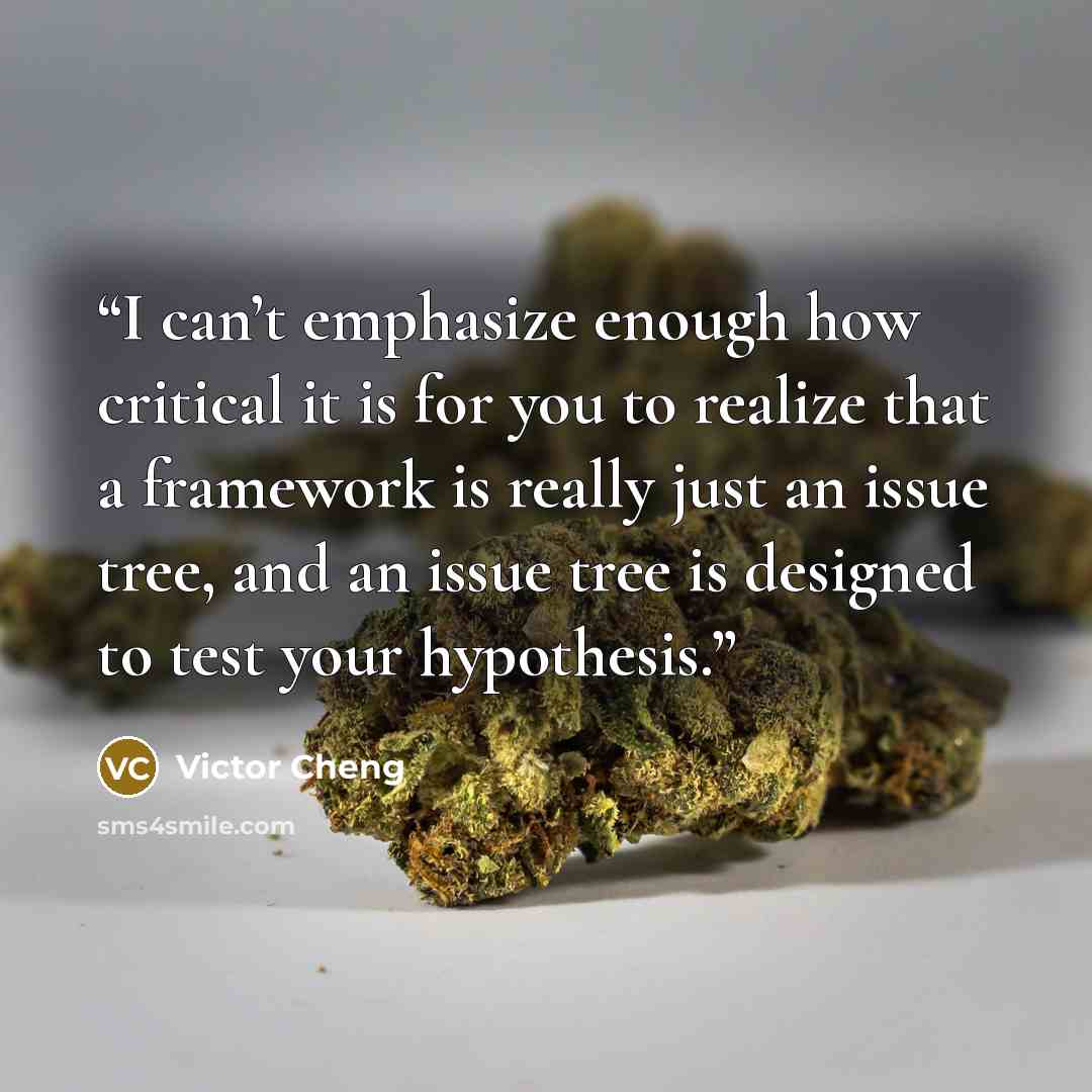 “I can’t emphasize enough how critical it is for you to realize that a framework is really just an issue tree, and an issue tree is designed to test your hypothesis.” quote by Victor Cheng