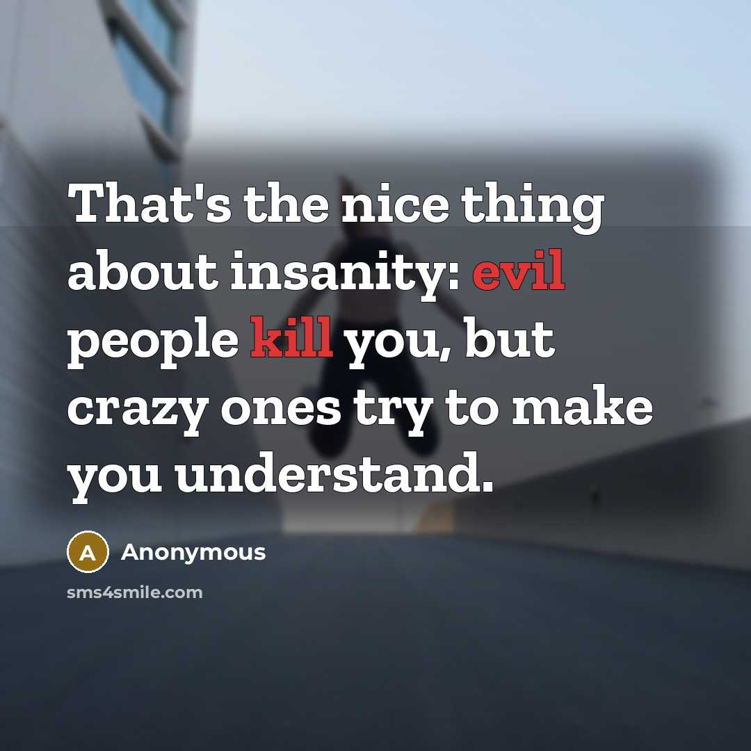 “That's the nice thing about insanity: evil people kill you, but crazy ones try to make you understand.” quote by Anonymous
