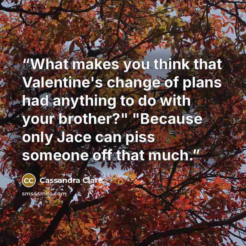 “What makes you think that Valentine's change of plans had anything to do with your brother?" "Because only Jace can piss someone off that much.” quote by cassandra clare