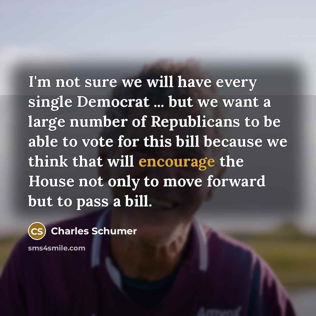 “I'm not sure we will have every single Democrat ... but we want a large number of Republicans to be able to vote for this bill because we think that will encourage the House not only to move forward but to pass a bill.” quote by Charles Schumer