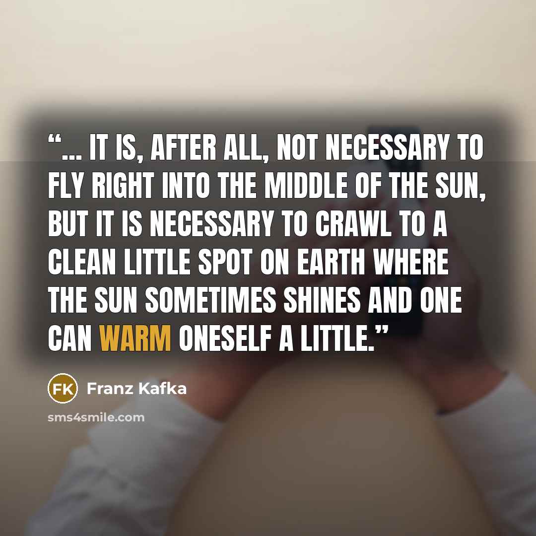 “... it is, after all, not necessary to fly right into the middle of the sun, but it is necessary to crawl to a clean little spot on Earth where the sun sometimes shines and one can warm oneself a little.” quote by Franz Kafka