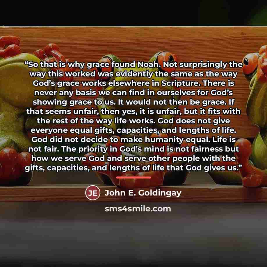 “So that is why grace found Noah. Not surprisingly the way this worked was evidently the same as the way God’s grace works elsewhere in Scripture. There is never any basis we can find in ourselves for God’s showing grace to us. It would not then be grace. If that seems unfair, then yes, it is…” quote by John E. Goldingay
