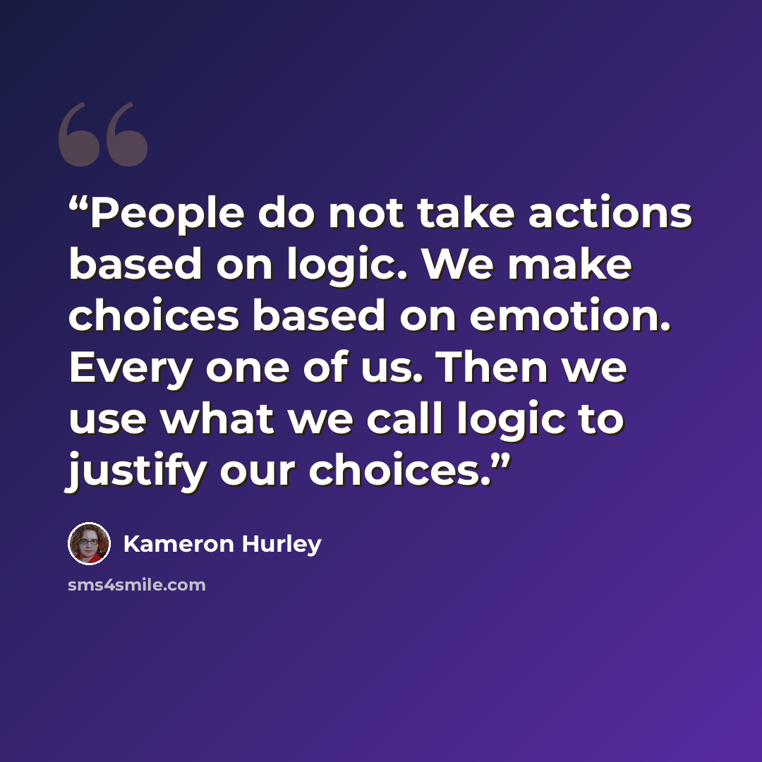 “People do not take actions based on logic. We make choices based on emotion. Every one of us. Then we use what we call logic to justify our choices.” quote by Kameron Hurley