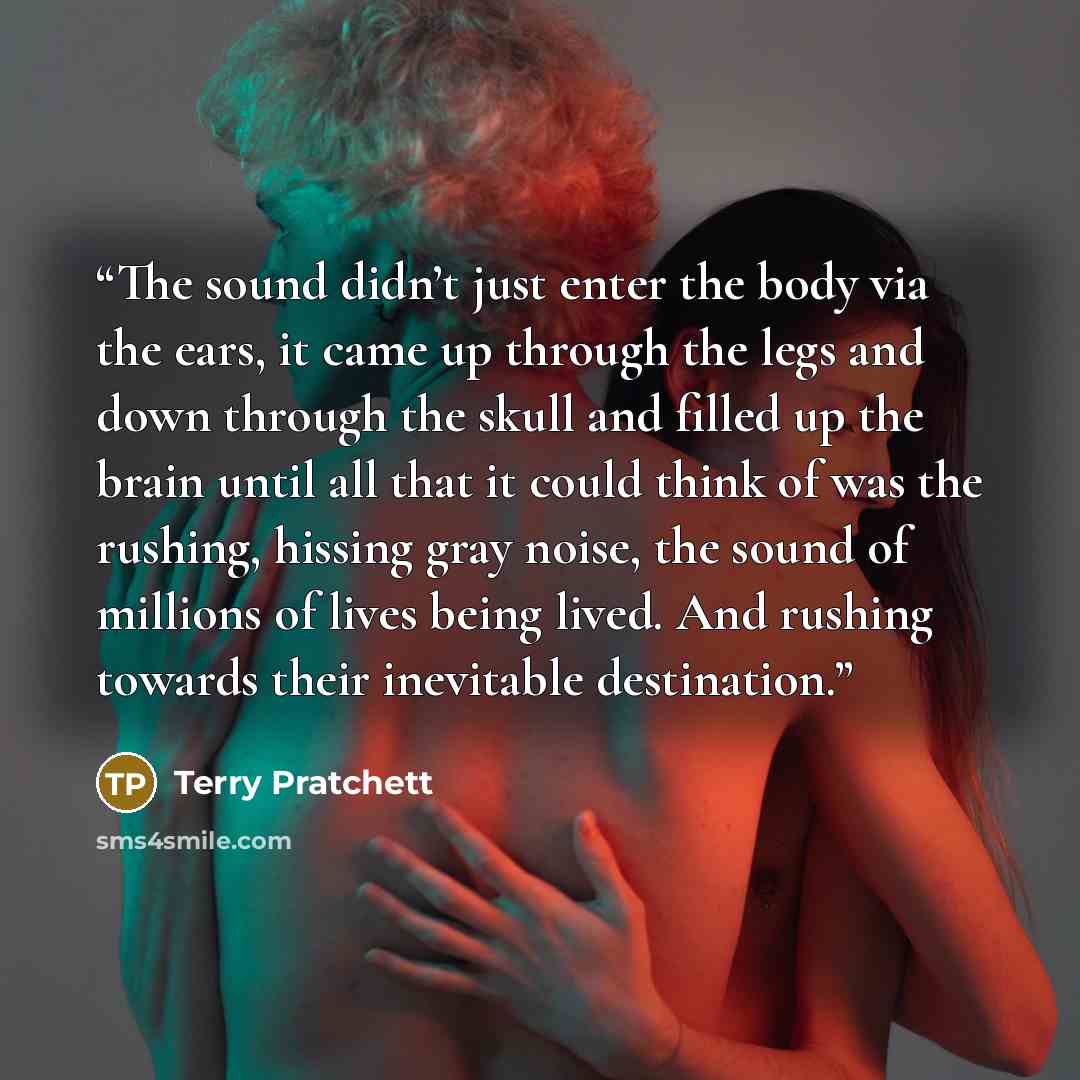 “The sound didn’t just enter the body via the ears, it came up through the legs and down through the skull and filled up the brain until all that it could think of was the rushing, hissing gray noise, the sound of millions of lives being lived. And rushing towards their inevitable destination.” quote by Terry Pratchett