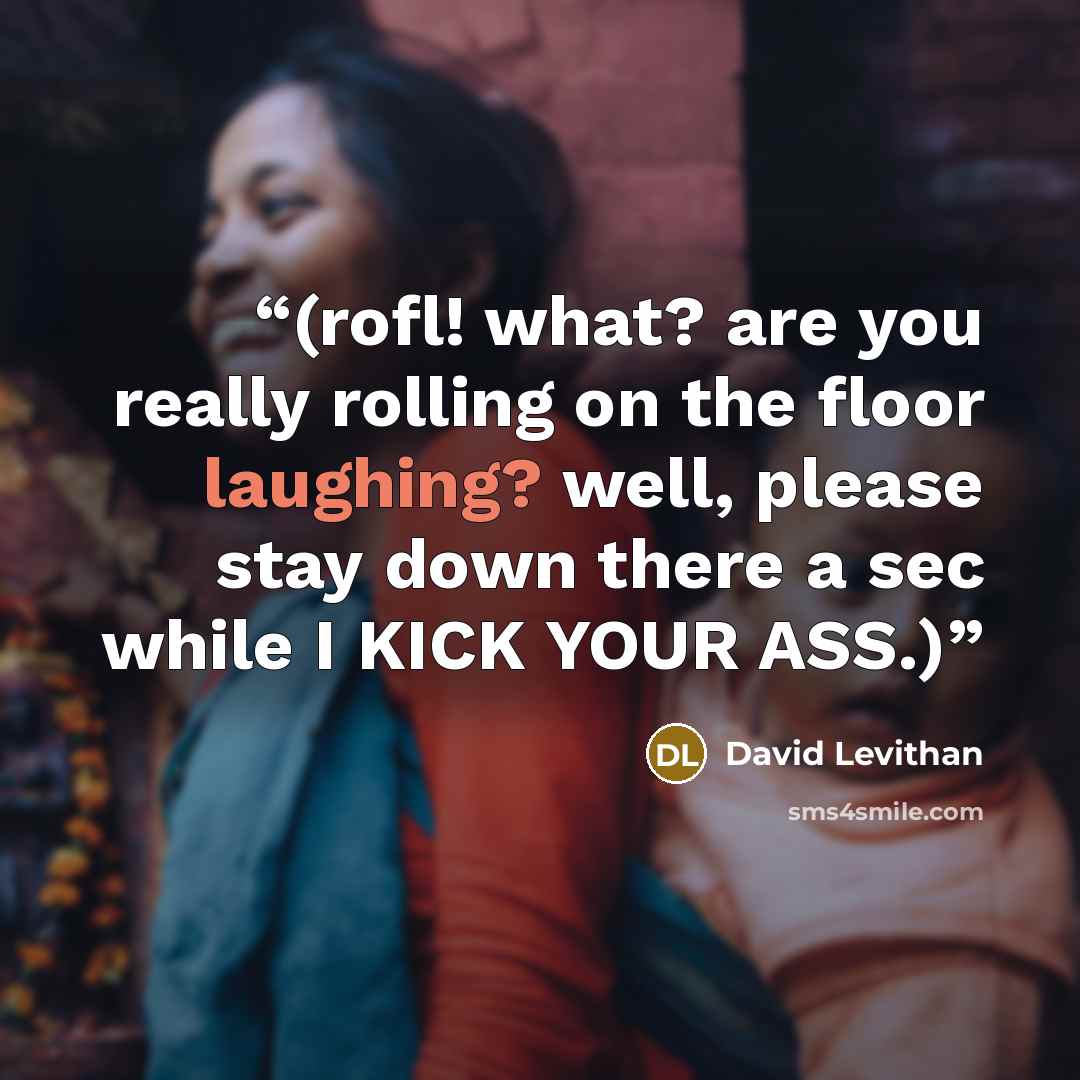 “(rofl! what? are you really rolling on the floor laughing? well, please stay down there a sec while I KICK YOUR ASS.)” quote by David Levithan