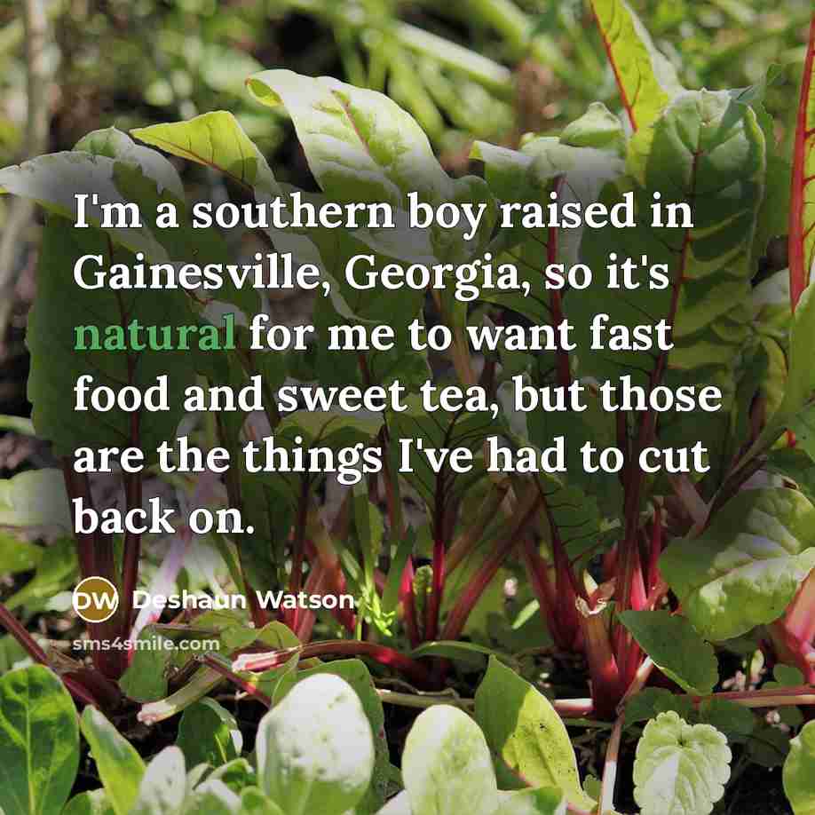 “I'm a southern boy raised in Gainesville, Georgia, so it's natural for me to want fast food and sweet tea, but those are the things I've had to cut back on.” quote by Deshaun Watson