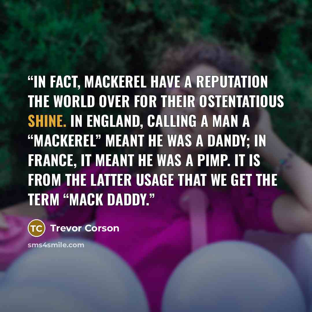 “In fact, mackerel have a reputation the world over for their ostentatious shine. In England, calling a man a “mackerel” meant he was a dandy; in France, it meant he was a pimp. It is from the latter usage that we get the term “mack daddy.” quote by Trevor Corson