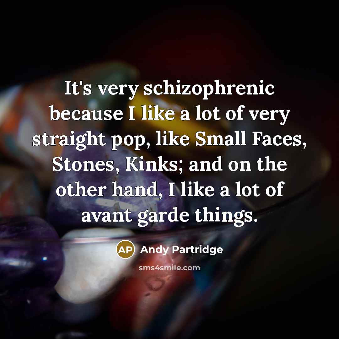 “It's very schizophrenic because I like a lot of very straight pop, like Small Faces, Stones, Kinks; and on the other hand, I like a lot of avant garde things.” quote by Andy Partridge