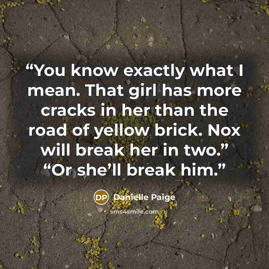 “You know exactly what I mean. That girl has more cracks in her than the road of yellow brick. Nox will break her in two.” “Or she’ll break him.” quote by Danielle Paige