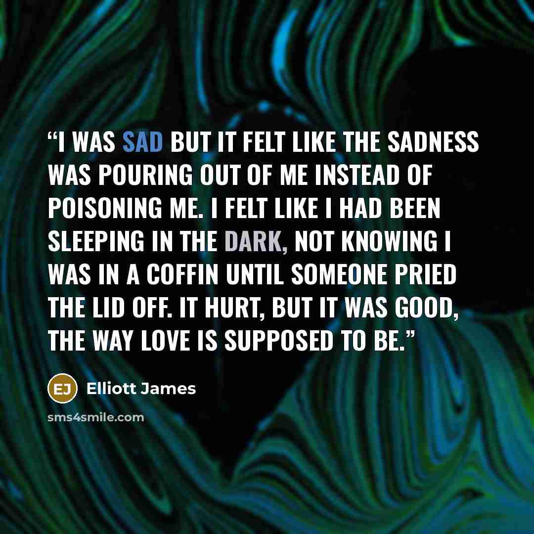 “I was sad but it felt like the sadness was pouring out of me instead of poisoning me. I felt like I had been sleeping in the dark, not knowing I was in a coffin until someone pried the lid off. It hurt, but it was good, the way love is supposed to be.” quote by Elliott James