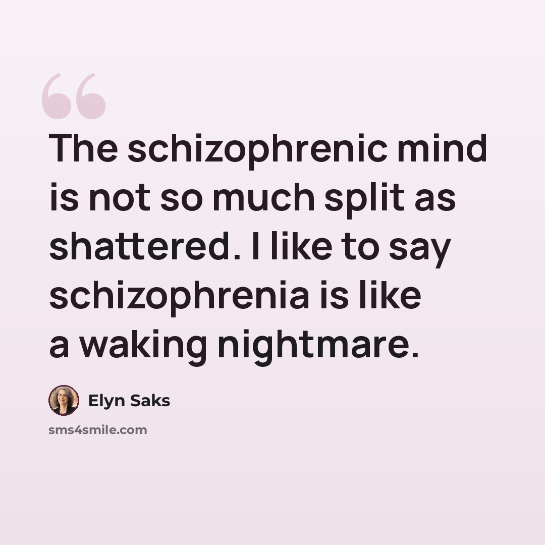 “The schizophrenic mind is not so much split as shattered. I like to say schizophrenia is like a waking nightmare.” quote by Elyn Saks