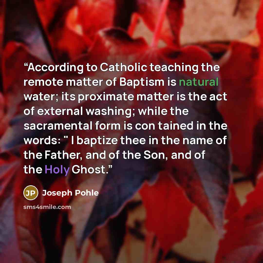 “According to Catholic teaching the remote matter of Baptism is natural water; its proximate matter is the act of external washing; while the sacramental form is con tained in the words: " I baptize thee in the name of the Father, and of the Son, and of the Holy Ghost.” quote by Joseph Pohle