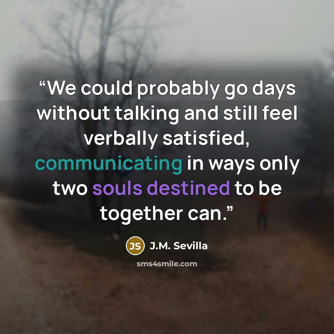 “We could probably go days without talking and still feel verbally satisfied, communicating in ways only two souls destined to be together can.” quote by J.M. Sevilla