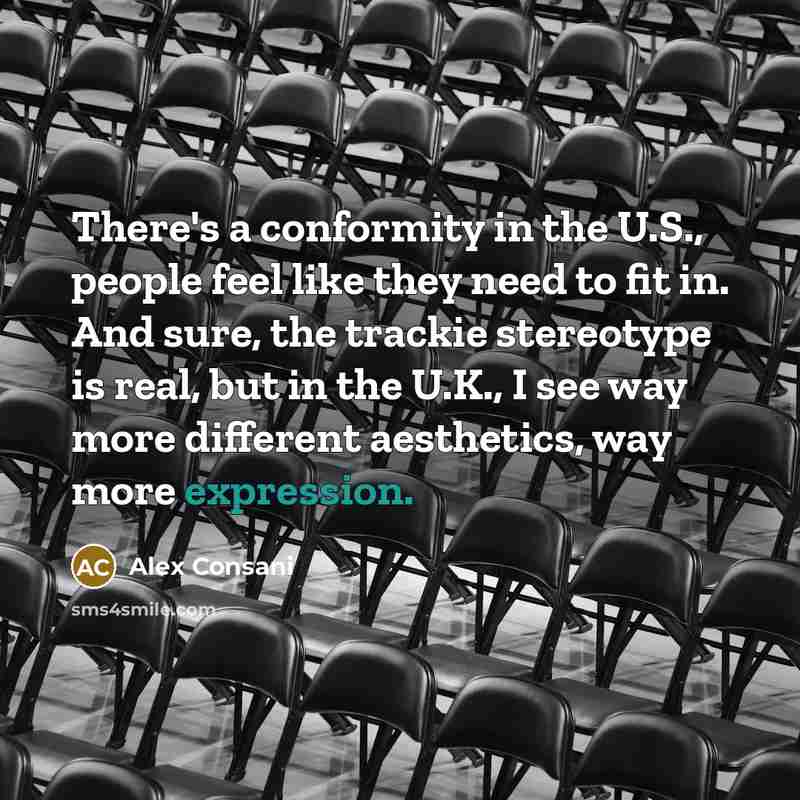 “There's a conformity in the U.S., people feel like they need to fit in. And sure, the trackie stereotype is real, but in the U.K., I see way more different aesthetics, way more expression.” quote by Alex Consani