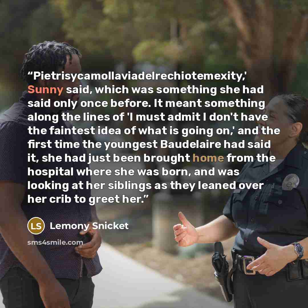 “Pietrisycamollaviadelrechiotemexity,' Sunny said, which was something she had said only once before. It meant something along the lines of 'I must admit I don't have the faintest idea of what is going on,' and the first time the youngest Baudelaire had said it, she had just been brought home from…” quote by Lemony Snicket