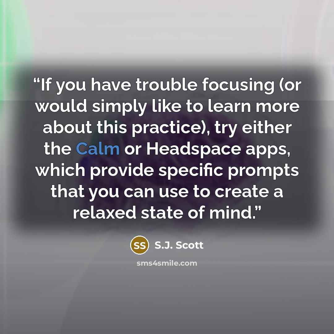 “If you have trouble focusing (or would simply like to learn more about this practice), try either the Calm or Headspace apps, which provide specific prompts that you can use to create a relaxed state of mind.” quote by S.J. Scott