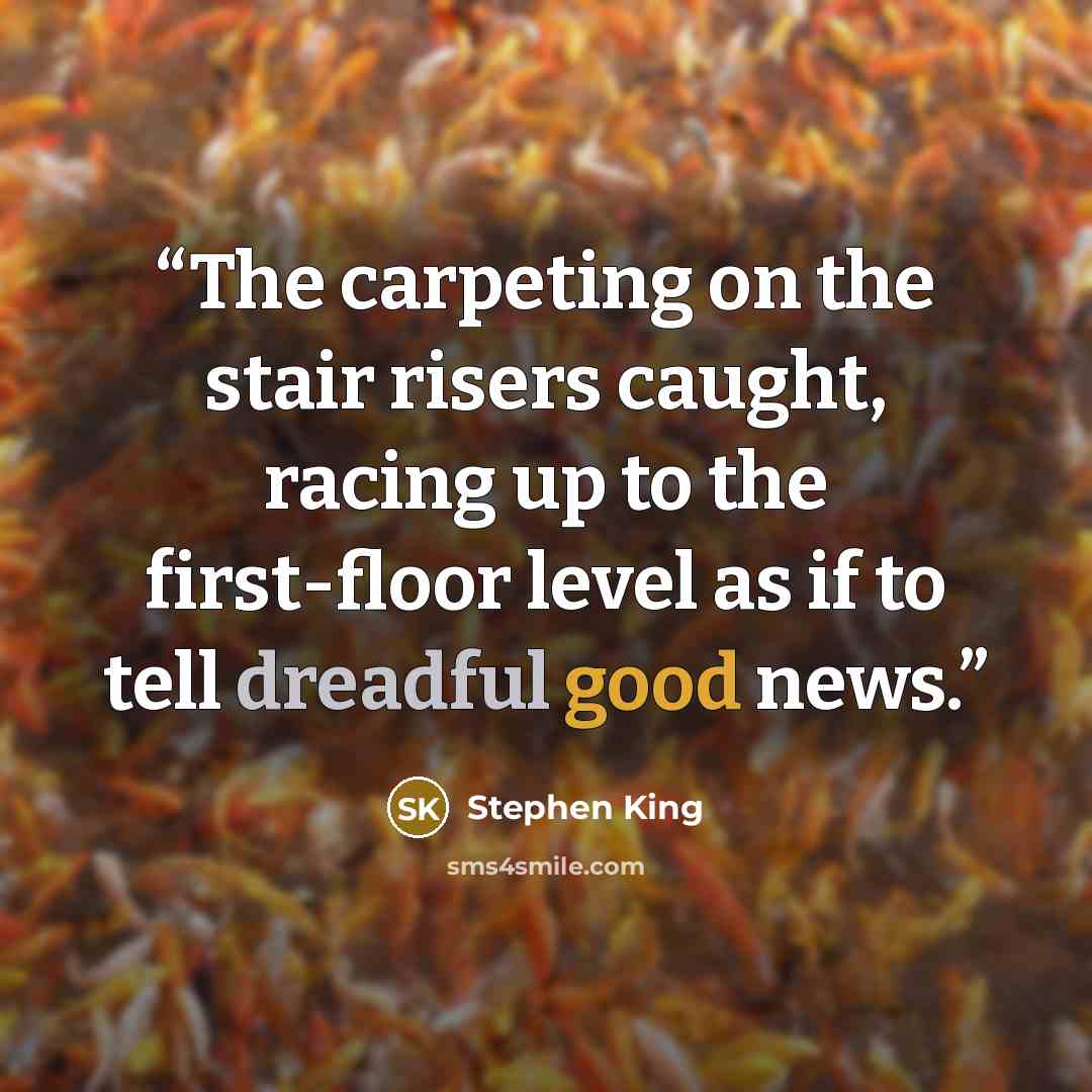 “The carpeting on the stair risers caught, racing up to the first-floor level as if to tell dreadful good news.” quote by Stephen King
