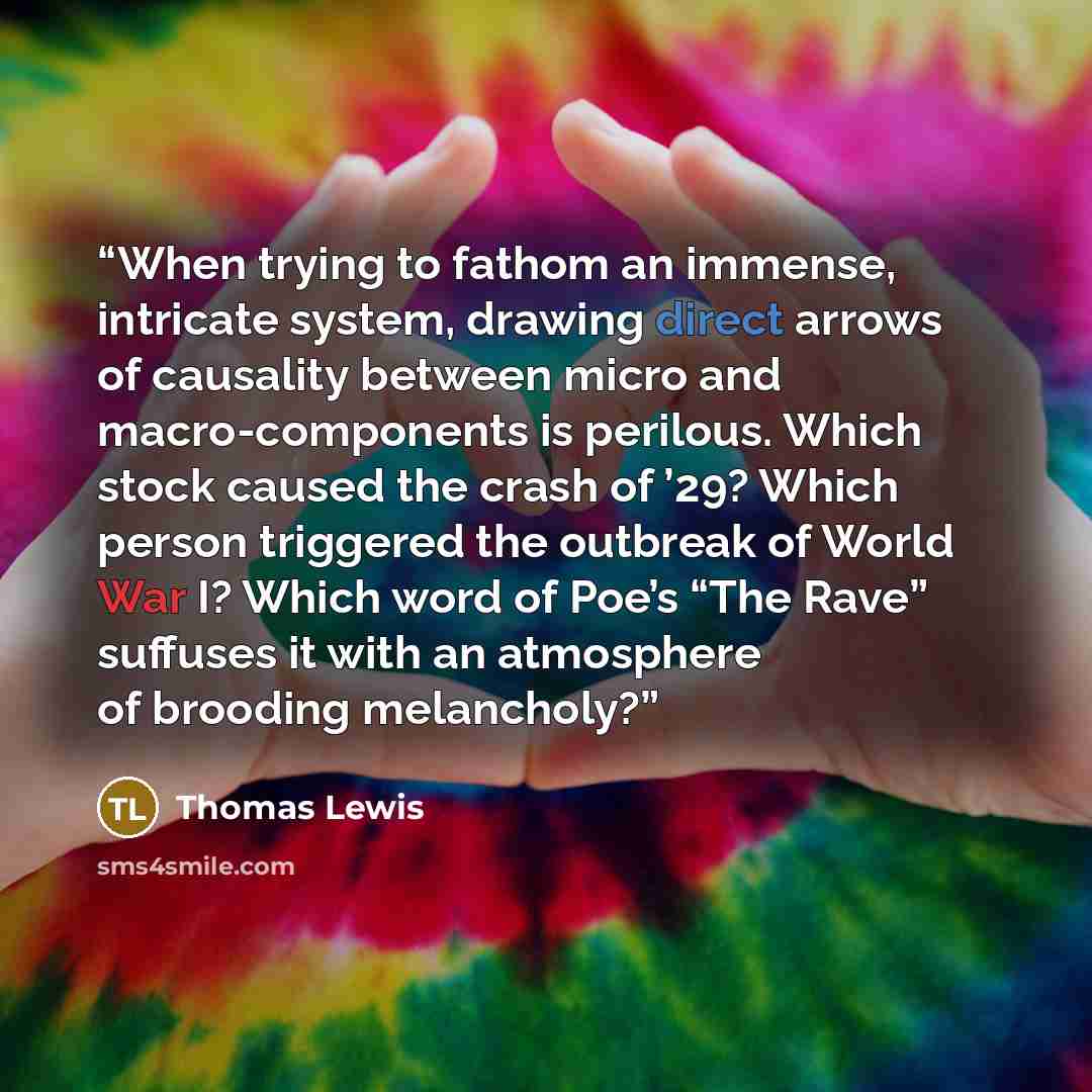 “When trying to fathom an immense, intricate system, drawing direct arrows of causality between micro and macro-components is perilous. Which stock caused the crash of ’29? Which person triggered the outbreak of World War I? Which word of Poe’s “The Rave” suffuses it with an atmosphere of brooding…” quote by Thomas Lewis
