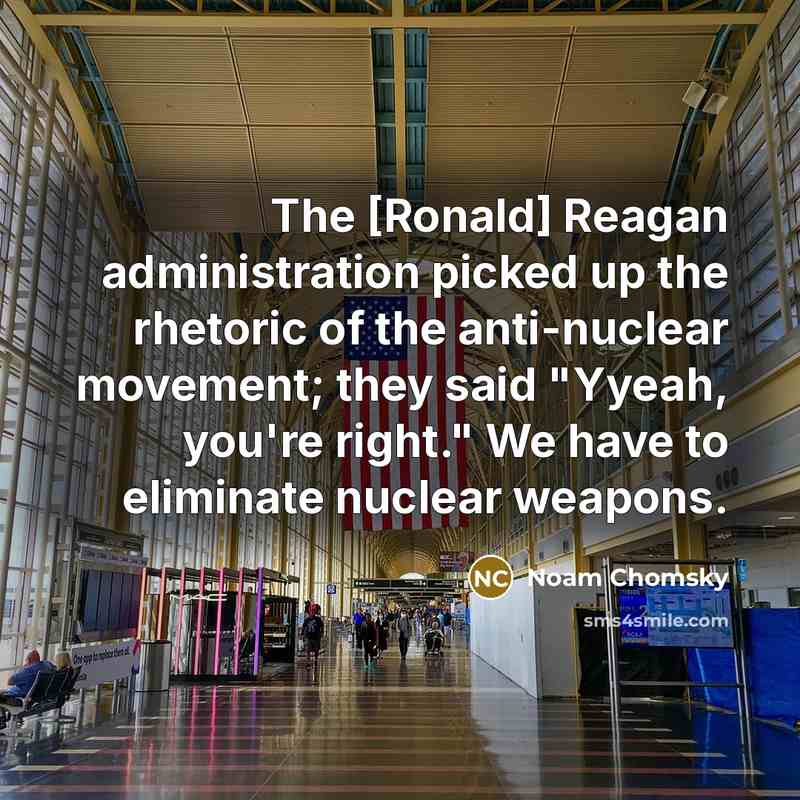 “The [Ronald] Reagan administration picked up the rhetoric of the anti-nuclear movement; they said "Yyeah, you're right." We have to eliminate nuclear weapons.” quote by Noam Chomsky