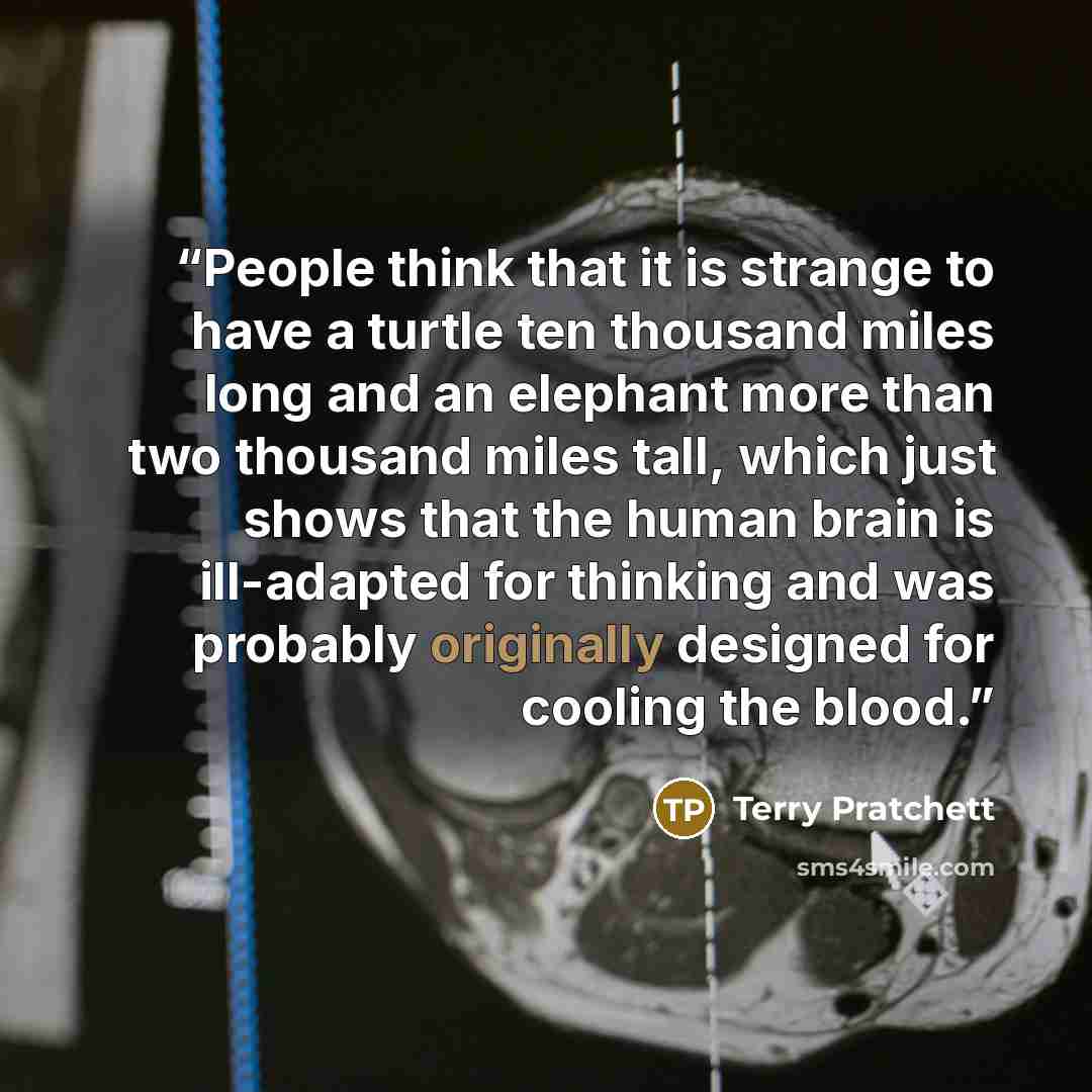 “People think that it is strange to have a turtle ten thousand miles long and an elephant more than two thousand miles tall, which just shows that the human brain is ill-adapted for thinking and was probably originally designed for cooling the blood.” quote by Terry Pratchett