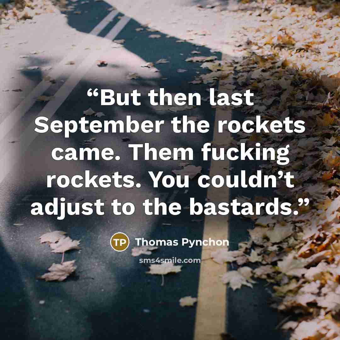“But then last September the rockets came. Them fucking rockets. You couldn’t adjust to the bastards.” quote by Thomas Pynchon