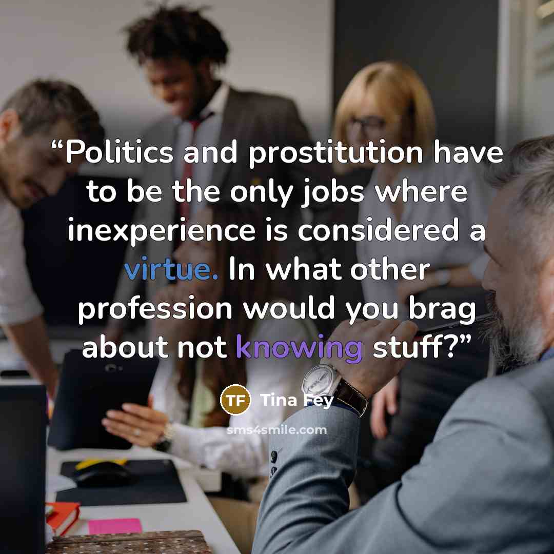 “Politics and prostitution have to be the only jobs where inexperience is considered a virtue. In what other profession would you brag about not knowing stuff?” quote by Tina Fey
