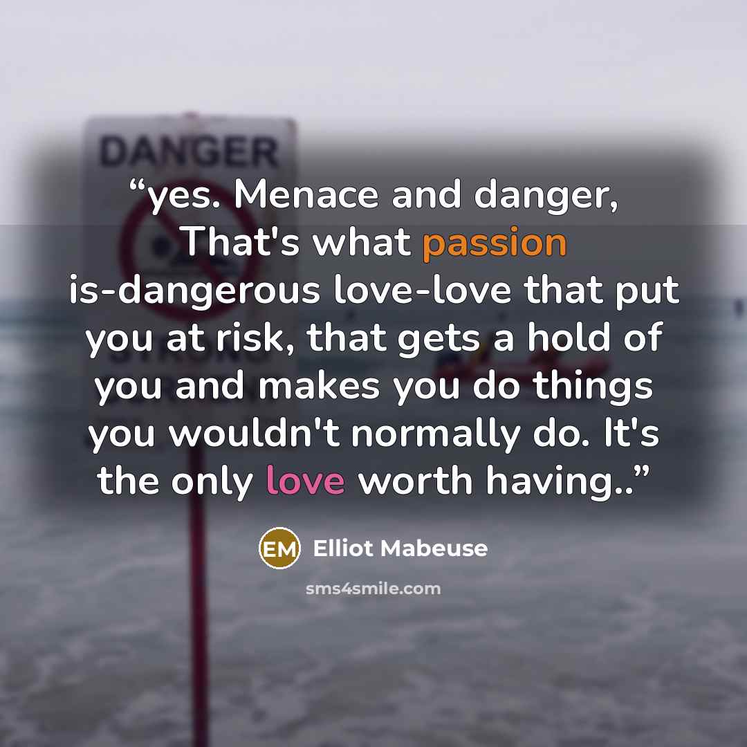 “yes. Menace and danger, That's what passion is-dangerous love-love that put you at risk, that gets a hold of you and makes you do things you wouldn't normally do. It's the only love worth having..” quote by Elliot Mabeuse