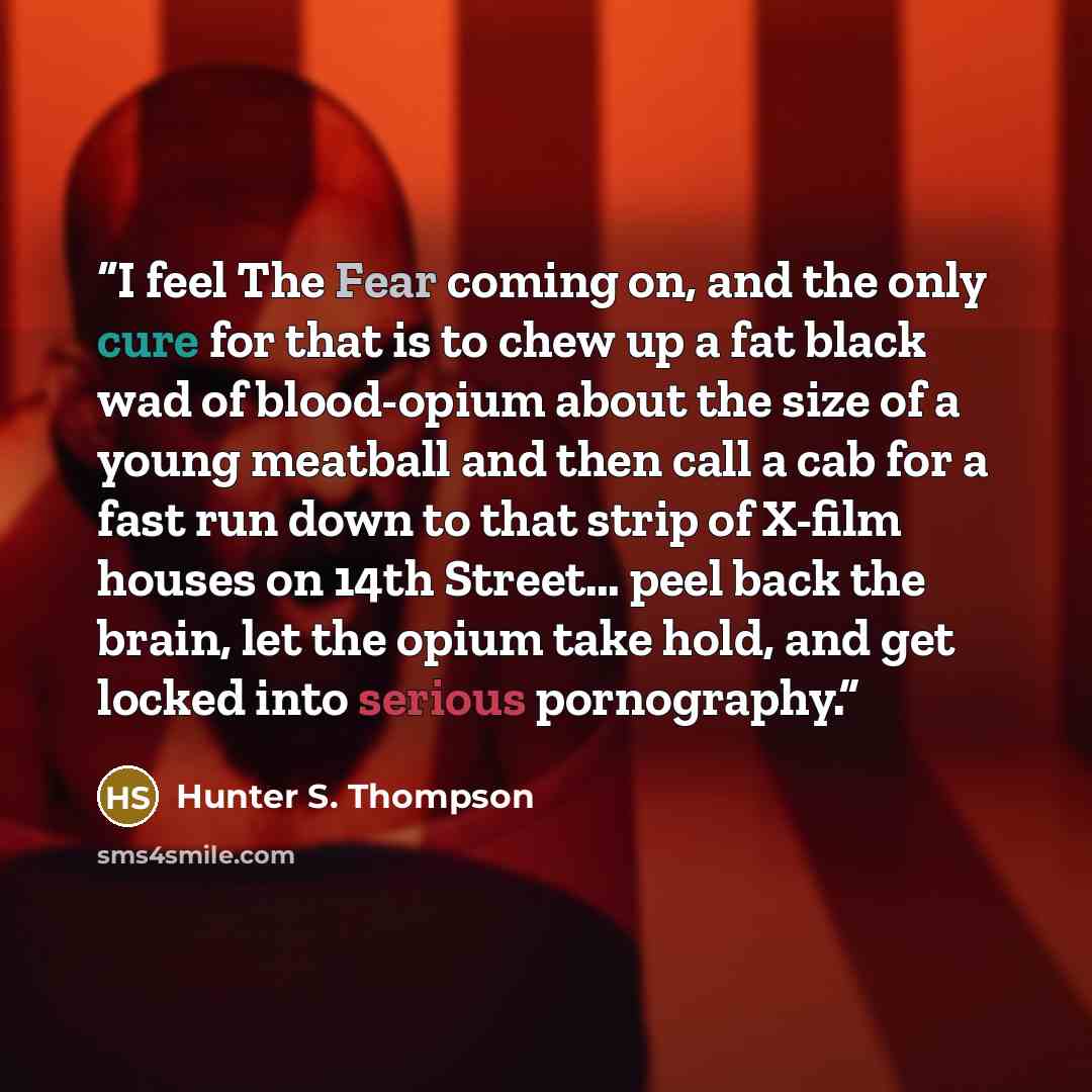 “I feel The Fear coming on, and the only cure for that is to chew up a fat black wad of blood-opium about the size of a young meatball and then call a cab for a fast run down to that strip of X-film houses on 14th Street… peel back the brain, let the opium take hold, and get locked into serious…” quote by Hunter S. Thompson