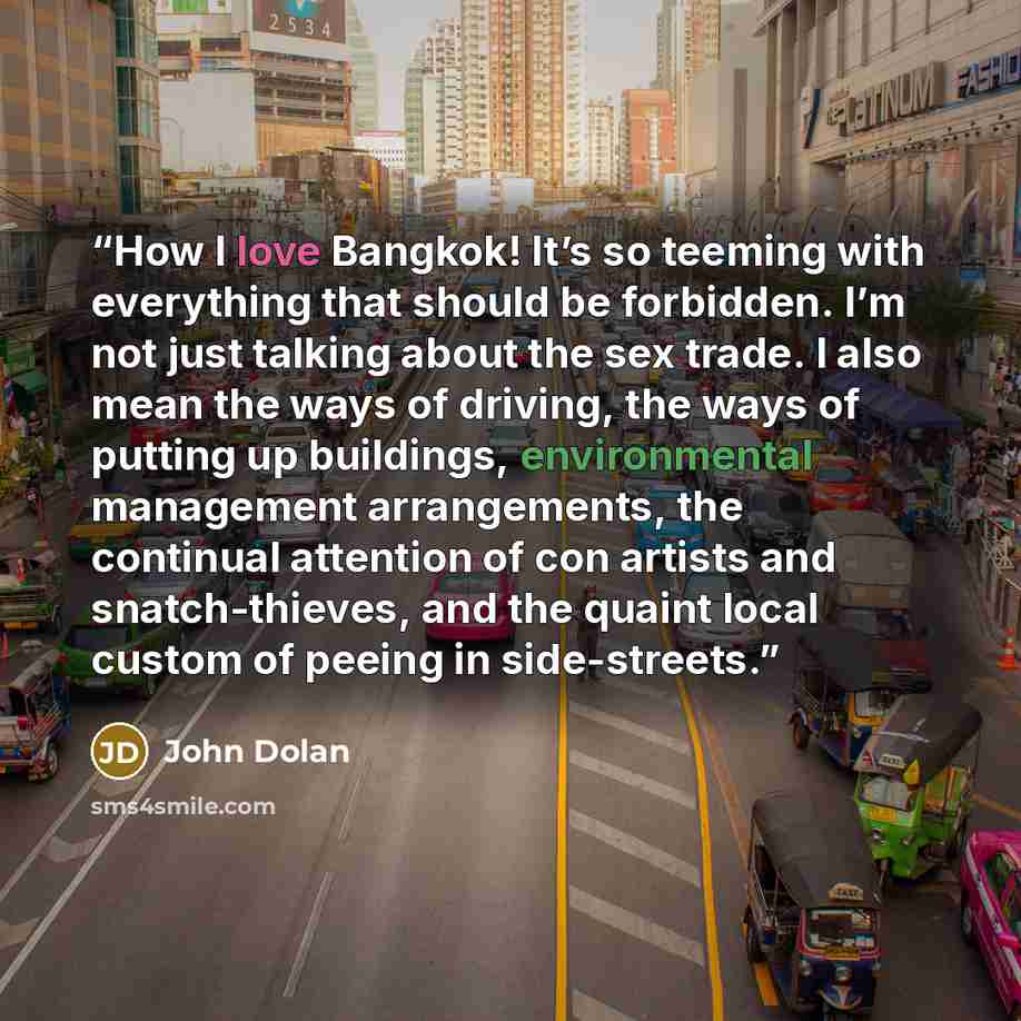 “How I love Bangkok! It’s so teeming with everything that should be forbidden. I’m not just talking about the sex trade. I also mean the ways of driving, the ways of putting up buildings, environmental management arrangements, the continual attention of con artists and snatch-thieves, and the…” quote by John Dolan